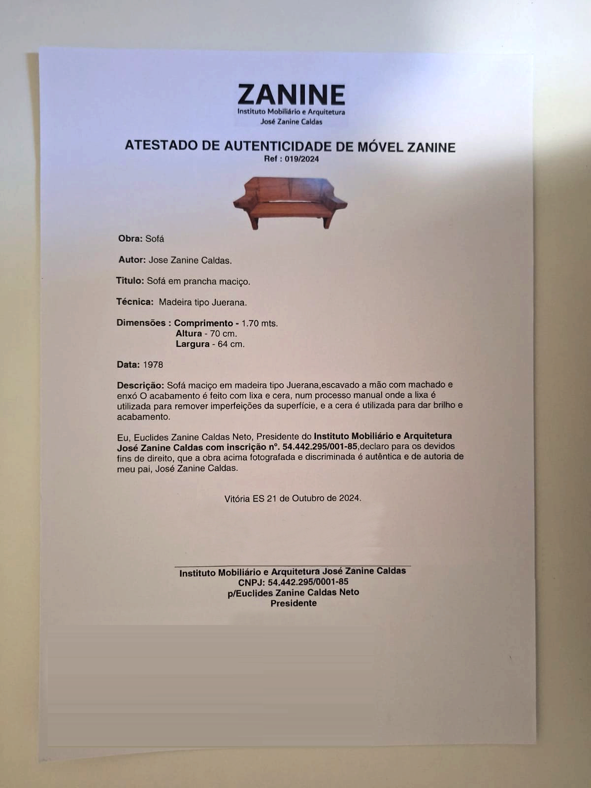 Documento histórico de certificação preservado no acervo Zanine